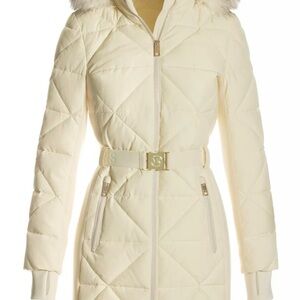 Women's Large Micheal Kors Cream Quilted Belted Puffer Coat